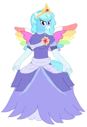 Size: 1280x1858 | Tagged: safe, artist:mlp-headstrong, derpibooru import, oc, oc:jemimasparkle, unofficial characters only, alicorn, anthro, pony, breasts, busty oc, clothes, colored wings, coronation dress, crown, curtsey, cute, dress, evening gloves, female, gloves, gown, image, jewelry, long gloves, mare, multicolored wings, ocbetes, png, rainbow wings, regalia, smiling, wings