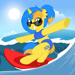 Size: 5000x5000 | Tagged: safe, artist:jhayarr23, ponerpics import, oc, pony, beach, bikini, clothes, female, glasses, image, mare, png, solo, surfboard, swimsuit, vector, water