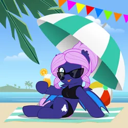 Size: 5000x5000 | Tagged: safe, artist:jhayarr23, ponerpics import, oc, oc:spiral galaxies, bat pony, pony, beach, bikini, clothes, female, glasses, image, mare, one eye closed, png, sitting, solo, swimsuit, tongue out, vector