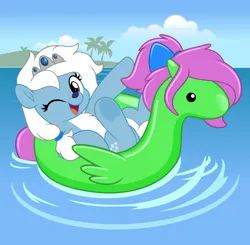 Size: 5094x5000 | Tagged: safe, artist:jhayarr23, ponerpics import, oc, oc:icicle crash, oc:zippy sparkz, pony, female, floaty, image, inflatable toy, mare, one eye closed, open mouth, png, vector