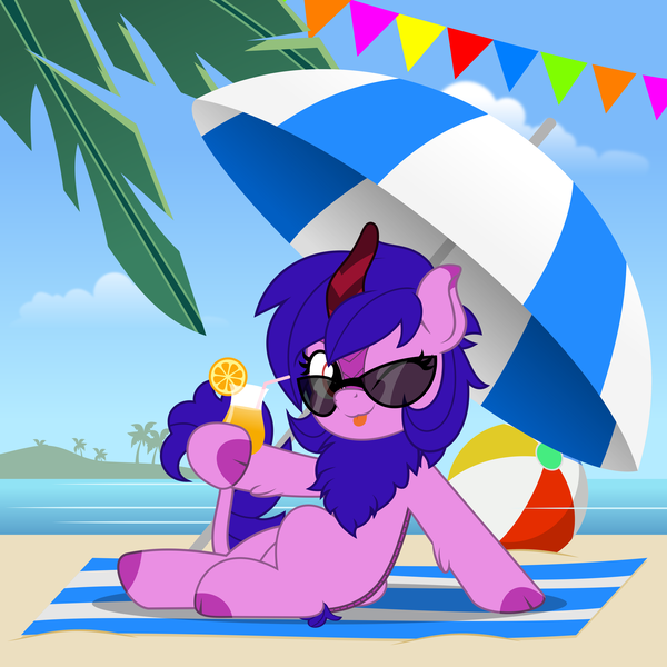 Size: 5000x5000 | Tagged: safe, artist:jhayarr23, ponerpics import, oc, oc:zippy sparkz, kirin, pony, beach, female, glasses, image, mare, one eye closed, png, tongue out, vector