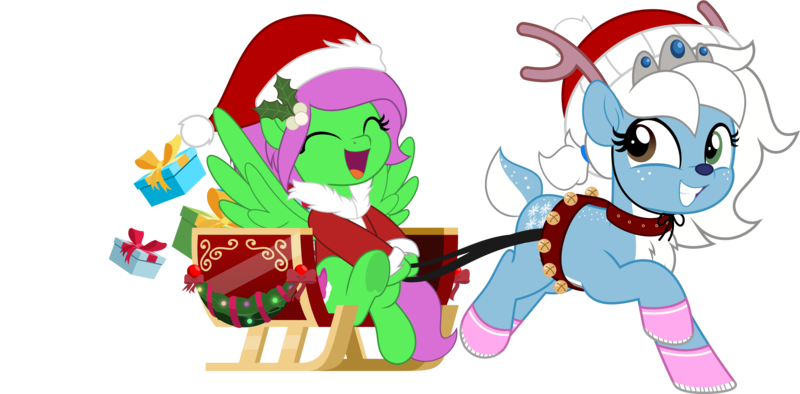 Size: 5000x2462 | Tagged: safe, artist:jhayarr23, ponerpics import, oc, oc:icicle crash, oc:zippy sparkz, pony, christmas, duo, eyes closed, female, heterochromia, holiday, image, mare, open mouth, png, vector