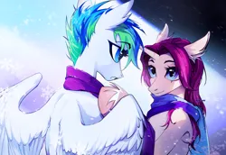 Size: 5000x3435 | Tagged: safe, artist:teturirusu, derpibooru import, oc, oc:brooke, oc:taco, unofficial characters only, pegasus, pony, unicorn, clothes, commission, couple, halfbody, horn, image, looking at each other, looking at someone, png, scarf, snow, snowfall, snowflake, spread wings, wings, winter, ych result