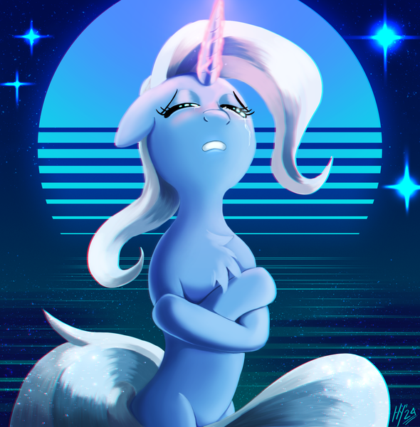 Size: 2117x2152 | Tagged: safe, artist:jphyperx, derpibooru import, trixie, pony, unicorn, g4, blushing, chest fluff, chromatic aberration, crossed hooves, cute, diatrixes, ecstasy, female, glow, glowing horn, horn, image, png, retrowave, sad, synthwave