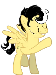 Size: 5500x7383 | Tagged: safe, artist:alicesponycorner, derpibooru import, oc, oc:alice azalea, unofficial characters only, pegasus, g4, adobe, big smile, black hair, eyes closed, full body, green eyes, happy, high res, image, png, raised hoof, raised leg, render, show accurate, simple background, skunk stripe, smiling, spread wings, transparent background, wings, yellow coat