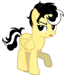 Size: 5500x6433 | Tagged: safe, artist:alicesponycorner, derpibooru import, oc, oc:alice azalea, unofficial characters only, pegasus, g4, adobe, black hair, full body, green eyes, high res, image, looking back, open mouth, png, raised hoof, raised leg, render, show accurate, simple background, skunk stripe, suspicious, transparent background, yellow coat