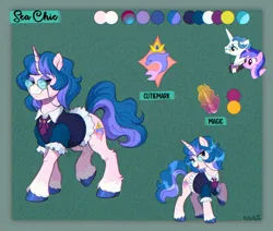 Size: 1750x1487 | Tagged: safe, artist:birdoffnorth, derpibooru import, fancypants, sea swirl, seafoam, oc, oc:sea chic, pony, unicorn, g4, clothes, coat markings, cravat, facial markings, female, fusion, fusion:fancypants, fusion:sea swirl, glasses, horn, image, jpeg, lidded eyes, looking at you, male, mare, reference sheet, shirt, smiling, smiling at you, snip (coat marking), socks (coat marking), stallion, unshorn fetlocks, vest