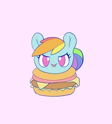 Size: 1694x1879 | Tagged: safe, artist:noupu, derpibooru import, rainbow dash, pegasus, pony, g4, burger, cute, dashabetes, female, food, image, jpeg, lidded eyes, looking at you, mare, pink background, simple background, smiling, smiling at you, solo