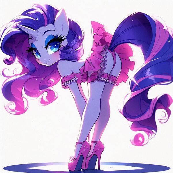 Size: 1024x1024 | Tagged: suggestive, ai content, derpibooru import, machine learning generated, prompter:glimmy-glam, rarity, anthro, g4, blushing, clothes, dress, female, frilly dress, generator:bing image creator, generator:dall-e 3, high heels, image, jpeg, looking at you, microskirt, panties, platform heels, shoes, simple background, skirt, solo, solo female, thong, underwear, upskirt, white background