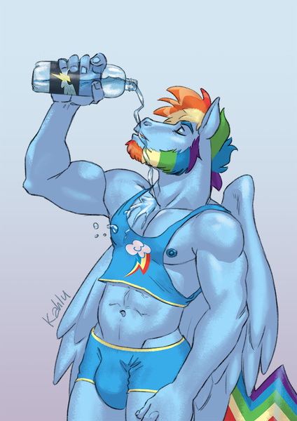 Size: 662x936 | Tagged: questionable, artist:kahlu5, derpibooru import, rainbow dash, anthro, pegasus, pony, g4, abs, beard, belly, belly button, biceps, buff, clothes, crotch bulge, drink, drinking, facial hair, gym shorts, himbo, image, male, male nipples, muscles, nipples, nudity, pecs, png, rainbow blitz, rainbuff dash, rule 63, solo, solo male, splashing, stallion, tail, tanktop, water bottle, wings, wonderbolts logo