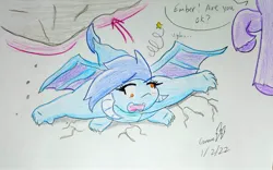 Size: 1993x1241 | Tagged: dead source, safe, artist:gmangamer25, derpibooru import, princess ember, twilight sparkle, alicorn, dragon, g4, duo, duo female, female, flattened, image, jpeg, rock