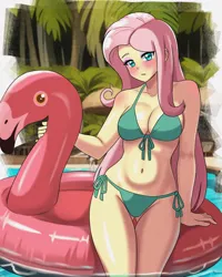 Size: 1024x1280 | Tagged: suggestive, artist:masterdestroyzj, derpibooru import, fluttershy, human, equestria girls, g4, belly, belly button, bikini, clothes, female, green bikini, green swimsuit, image, jpeg, outdoors, palm tree, pool toy, side-tie bikini, solo, string bikini, swimsuit, tree