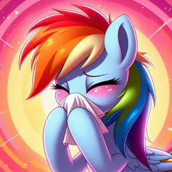 Size: 1024x1024 | Tagged: safe, ai content, derpibooru import, machine learning generated, prompter:heydude5321, rainbow dash, pegasus, pony, g4, eyes closed, female, generator:bing image creator, generator:dall-e 3, image, jpeg, mare, nose blowing, solo, tissue