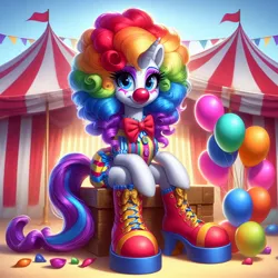 Size: 1024x1024 | Tagged: safe, ai content, derpibooru import, machine learning generated, prompter:heydude5321, rarity, anthro, unicorn, g4, balloon, bowtie, box, circus, clothes, clown, clown nose, clown outfit, confetti, generator:bing image creator, generator:dall-e 3, horn, image, jpeg, rainbow wig, red nose, shoes, wig