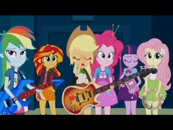 Size: 640x480 | Tagged: safe, derpibooru import, screencap, applejack, fluttershy, pinkie pie, rainbow dash, sunset shimmer, twilight sparkle, human, equestria girls, g4, belt, clothes, cowboy hat, hat, image, jacket, jpeg, my little pony equestria girls: rainbow rocks, shirt, simple background, skirt, vest