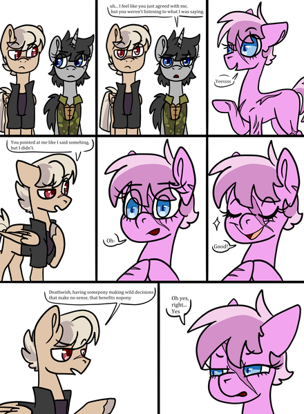 Size: 5500x7500 | Tagged: safe, artist:katyusha, derpibooru import, oc, oc:deathwish, oc:dossier, oc:terminal velocity, unofficial characters only, earth pony, pegasus, pony, unicorn, comic, commission, commission example, horn, image, png