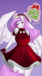 Size: 1614x2910 | Tagged: safe, artist:evlass, derpibooru import, princess celestia, anthro, princess molestia, belly, belly button, big breasts, bra, breasts, busty princess celestia, christmas, clothes, commission, female, gloves, hat, holiday, image, mistletoe, png, santa dress, santa hat, socks, solo, solo female, thigh highs, underwear, ych sketch, your character here