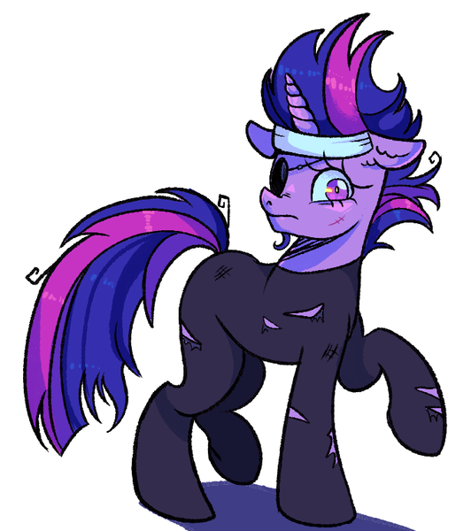 Size: 675x761 | Tagged: safe, artist:kreeeeeez, derpibooru import, twilight sparkle, unicorn, bandage, clothes, ear fluff, eyepatch, frown, future twilight, horn, image, messy mane, messy tail, png, raised hoof, scar, shadow, simple background, solo, tail, torn clothes, unicorn twilight, white background