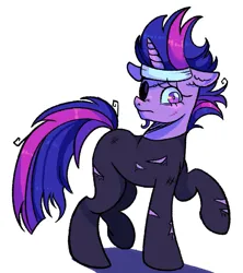 Size: 675x761 | Tagged: safe, artist:kreeeeeez, derpibooru import, twilight sparkle, unicorn, bandage, clothes, ear fluff, eyepatch, frown, future twilight, horn, image, messy mane, messy tail, png, raised hoof, scar, shadow, simple background, solo, tail, torn clothes, unicorn twilight, white background