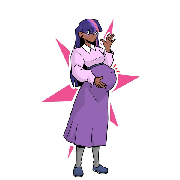 Size: 2048x2048 | Tagged: suggestive, artist:elizapregs, derpibooru import, twilight sparkle, human, blackwashing, clothes, dark skin, dress, female, glasses, hand on belly, humanized, image, jpeg, kicking, nerd, preglight sparkle, pregnant, sensibly-proportioned pregnancy