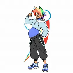 Size: 1861x1861 | Tagged: suggestive, artist:elizapregs, derpibooru import, rainbow dash, human, humanized, image, jpeg, preggo dash, pregnant, solo, tomboy