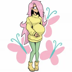 Size: 2048x2048 | Tagged: safe, artist:elizapregs, derpibooru import, fluttershy, human, clothes, female, hand on belly, humanized, image, jpeg, nervous, preggoshy, pregnant, solo, solo female, sweater, sweatershy