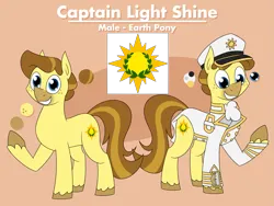 Size: 3213x2421 | Tagged: safe, artist:moonatik, derpibooru import, oc, oc:light shine, unofficial characters only, earth pony, pony, clothes, coat markings, cravat, cutie mark, earth pony oc, freckles, hat, image, male, military uniform, peaked cap, png, reference sheet, solo, uniform