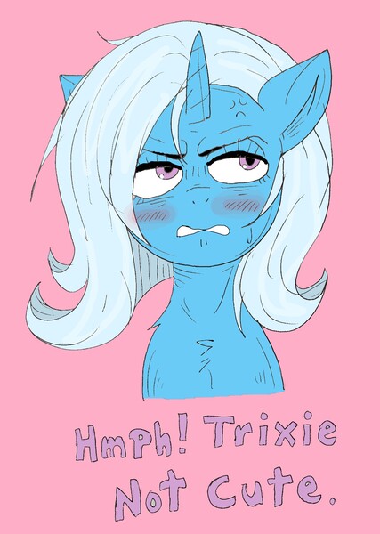 Size: 1290x1811 | Tagged: safe, derpibooru import, trixie, unicorn, g4, blushing, eyeroll, horn, image, jpeg, pink background, simple background