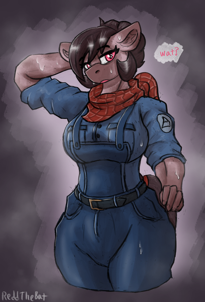 Size: 1290x1900 | Tagged: safe, artist:reddthebat, derpibooru import, oc, oc:number nine, unofficial characters only, anthro, earth pony, abstract background, arm behind head, bandana, big breasts, breasts, clothes, female, hand on hip, image, lidded eyes, overalls, png, solo, sweat, talking to viewer, wide hips