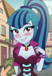 Size: 832x1216 | Tagged: safe, ai content, derpibooru import, machine learning generated, prompter:nwth, sonata dusk, human, equestria girls, g4, breasts, busty sonata dusk, cleavage, female, female focus, image, implied prostitution, jpeg, looking at you, male, money, offering, offscreen character, outdoors, pov, smiling, solo, solo focus, teeth