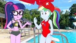 Size: 1280x721 | Tagged: safe, artist:draymanor57, artist:richardchibbard, derpibooru import, edit, edited screencap, screencap, rainbow dash, sci-twi, twilight sparkle, equestria girls, g4, baseball cap, cap, clothes, clothes swap, duo, duo female, female, glasses, hand out, hat, image, jpeg, leather, leather bikini, lifeguard dash, meh, one-piece swimsuit, ponytail, sleeveless, sunset shimmer's beach shorts swimsuit, swimsuit, swimsuit swap, waterparks, whistle, whistle necklace