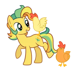 Size: 6899x6619 | Tagged: safe, artist:alicesponycorner, derpibooru import, oc, oc:hippy dippy, unofficial characters only, bird, chicken, earth pony, pony, g4, animal, ear piercing, green eyes, image, male, piercing, png, ponysona, raised hoof, raised leg, show accurate, smiling, solo, stallion, yellow coat