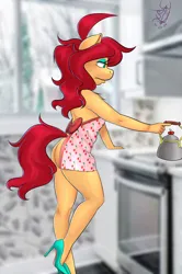 Size: 1326x2000 | Tagged: suggestive, artist:spk, derpibooru import, oc, oc:vivian cereza, unofficial characters only, anthro, earth pony, apron, clothes, eyeshadow, high heels, image, kitchen, makeup, naked apron, partial nudity, png, shoes, solo