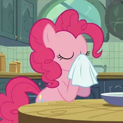 Size: 1024x1024 | Tagged: safe, ai content, derpibooru import, generator:google gemini, generator:imagen 3, machine learning generated, prompter:keira alcove, pinkie pie, earth pony, pony, g4, eyes closed, female, image, mare, napkin, nose blowing, png, solo