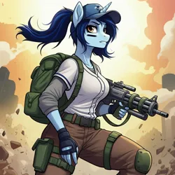 Size: 1024x1024 | Tagged: safe, ai content, derpibooru import, generator:google imagen 3.0, machine learning generated, prompter:zerowinger, eye black, slapshot, anthro, unicorn, series:g.i. pony: a real equestrian hero, g4, backpack, baseball cap, baseball jersey, cap, cargo pants, clothes, cosplay, costume, face paint, female, fingerless gloves, g.i. joe, gloves, grenade launcher, hardball, hat, horn, image, jpeg, outdoors, pants, ponytail, solo, weapon