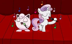 Size: 1280x786 | Tagged: safe, artist:starwarriorjian, derpibooru import, sweetie belle, jigglypuff, pony, unicorn, g4, curtains, duo, female, filly, foal, horn, image, microphone, music notes, png, pokémon, singing, stage