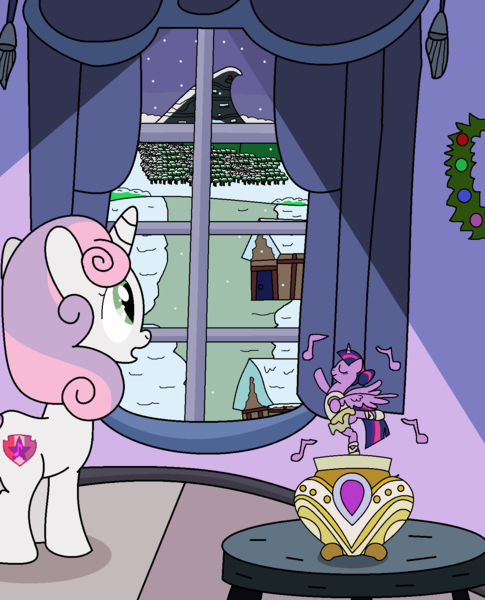 Size: 1348x1666 | Tagged: safe, artist:starwarriorjian, derpibooru import, sweetie belle, twilight sparkle, twilight sparkle (alicorn), alicorn, pony, unicorn, g4, ballerina, christmas, clothes, female, filly, foal, holiday, horn, image, music box, png, snow, solo, tutu, twilarina