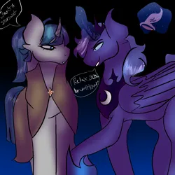 Size: 1280x1280 | Tagged: suggestive, derpibooru import, princess luna, star swirl the bearded, stygian, alicorn, pony, unicorn, g4, assistant, cloak, clothes, dildo, female, horn, image, male, mare, menacing, night, png, ponytail, prince, prince artemis, rule 63, sex toy, smiling, smirk, stallion, straight, stygia, tentacle dildo, two toned mane, worried, young luna