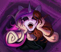 Size: 2048x1717 | Tagged: safe, artist:regakoala, derpibooru import, princess cadance, human, g4, bust, fangs, human to anthro, image, mask, open mouth, png, solo, terrified, transformation