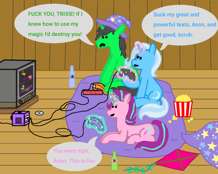 Size: 1500x1200 | Tagged: safe, derpibooru import, starlight glimmer, trixie, oc, oc:anon, oc:anon stallion, pony, unicorn, g4, book, cape, clothes, controller, drink, food, gamecube, gamecube controller, hat, horn, image, kite, magic, png, popcorn, soda, speech bubble, super smash bros., swearing, telekinesis, television, trixie's cape, trixie's hat, video game console, vulgar