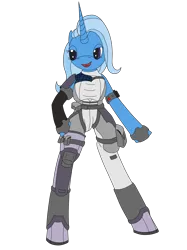 Size: 2449x3266 | Tagged: safe, artist:timejumper, derpibooru import, trixie, oc, oc:bellatrix dreams, anthro, unicorn, g4, armor, bag, belt, bodysuit, boots, clothes, harness, horn, image, military, png, shoes, socks, tack, tactical, thigh highs