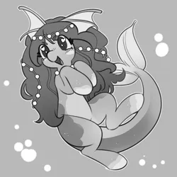 Size: 2700x2700 | Tagged: safe, artist:opalacorn, derpibooru import, oc, unofficial characters only, original species, pony, black and white, bubble, ear fins, female, fish tail, gray background, grayscale, hooves to the chest, image, jpeg, mare, monochrome, open mouth, open smile, simple background, smiling, solo, tail, underwater, water