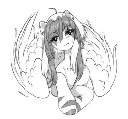 Size: 2700x2524 | Tagged: safe, artist:opalacorn, derpibooru import, oc, unofficial characters only, pegasus, pony, black and white, eye clipping through hair, female, folded wings, grayscale, image, jpeg, large wings, looking at you, lying down, mare, monochrome, prone, simple background, solo, white background, wings