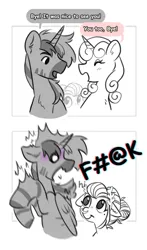 Size: 2407x4096 | Tagged: safe, artist:opalacorn, derpibooru import, oc, oc:silver stream, oc:void, unofficial characters only, alicorn, pegasus, pony, unicorn, zebra, zebra alicorn, black and white, censored, censored vulgarity, dialogue, female, grawlixes, grayscale, horn, image, jpeg, male, mare, monochrome, partial color, simple background, sneaky, speech bubble, stallion, surprised, trio, vulgar, white background