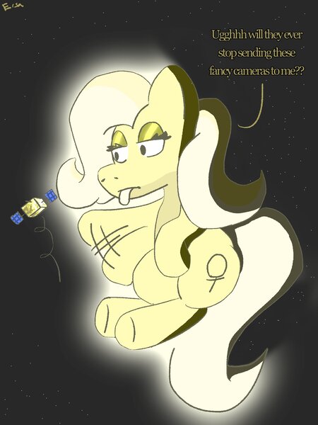 Size: 1536x2048 | Tagged: safe, artist:rhea, derpibooru import, ponified, earth pony, pony, dialogue, image, jpeg, satellite, solo, swatting, tongue out, venus