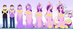 Size: 3035x1214 | Tagged: safe, artist:redpaladin, derpibooru import, princess cadance, alicorn, goo, human, pony, g4, bondage, encasement, human to pony, image, offscreen character, peytral, png, shiny, sitting, speech bubble, transformation, transformation sequence, transgender transformation, twinning