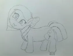 Size: 3389x2587 | Tagged: safe, artist:hericks, oc, oc:silly stuffing, unofficial characters only, original species, plush pony, pony, black and white, bow, female, filly, grayscale, hair bow, image, jpeg, looking at you, mane bow, monochrome, plushie, ragdoll, seams, signature, solo, tongue out, traditional art