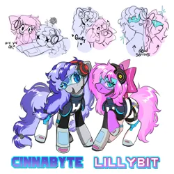 Size: 3000x3000 | Tagged: safe, artist:opalacorn, derpibooru import, oc, oc:cinnabyte, oc:lillybit, unofficial characters only, earth pony, pony, blush lines, blushing, bow, colored pupils, cross-popping veins, duo, duo female, emanata, female, floating heart, hair bow, headset, heart, image, jpeg, looking at you, mare, name, open mouth, open smile, simple background, smiling, smiling at you, sparkles, text, visor, white background, x eyes