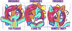 Size: 1413x620 | Tagged: safe, artist:anonymous, oc, oc:silly stuffing, unofficial characters only, original species, plush pony, pony, cute, derp, emanata, eyes closed, female, filly, hug, image, innocent, plushie, png, puzzled, ragdoll, seams, simple background, snuggling, tongue out, white background