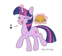 Size: 1200x1068 | Tagged: safe, artist:sion, derpibooru import, twilight sparkle, pony, unicorn, g4, cute, eyes closed, female, glow, glowing horn, horn, image, levitation, magic, mare, music notes, open mouth, open smile, png, signature, simple background, smiling, solo, telekinesis, that pony sure does love burgers, twiabetes, twilight burgkle, unicorn twilight, white background